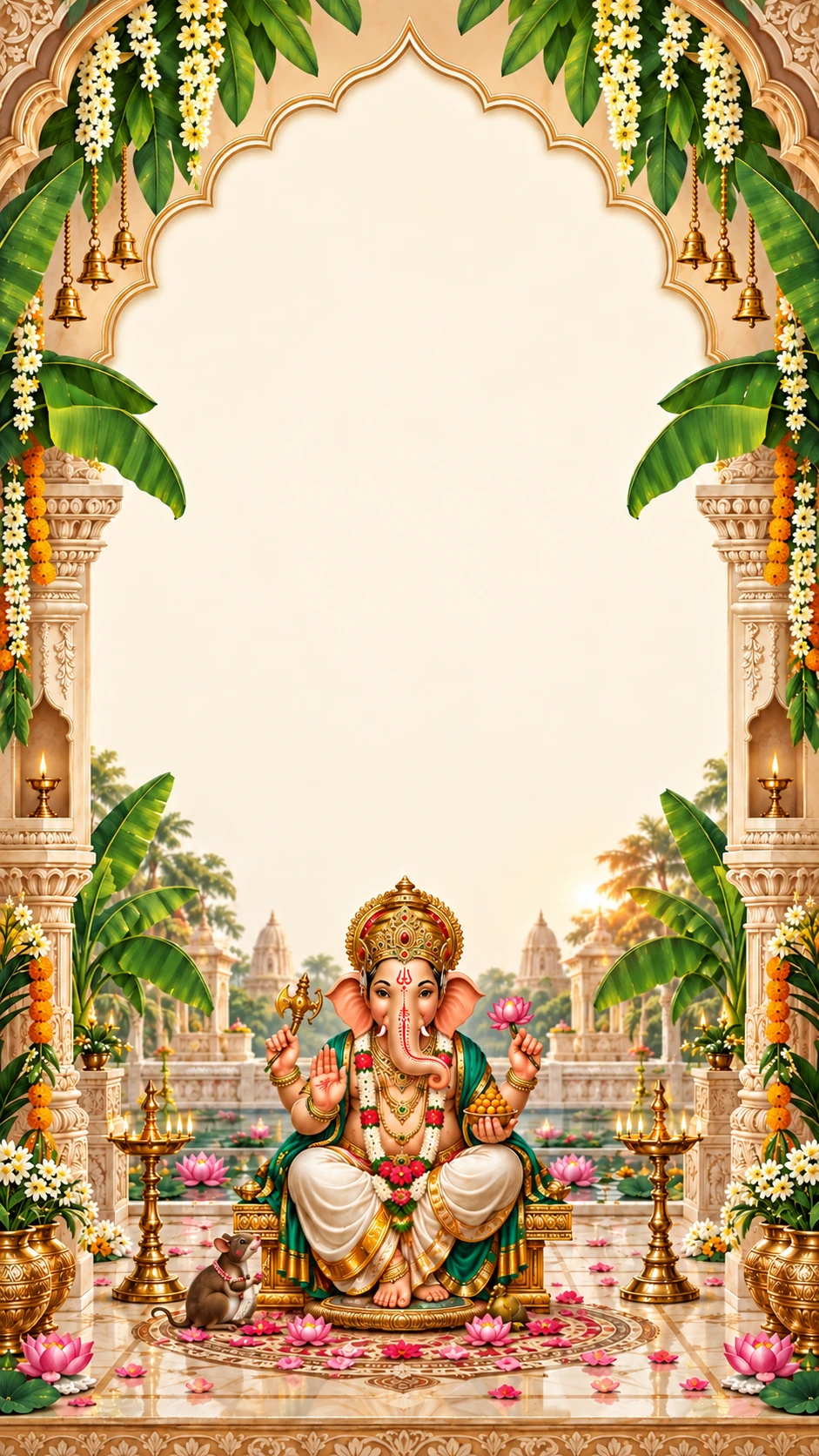 Cream temple archway with jasmine garlands, brass bells and banana leaves framing Lord Ganesh seated on a golden throne beside a lotus pond