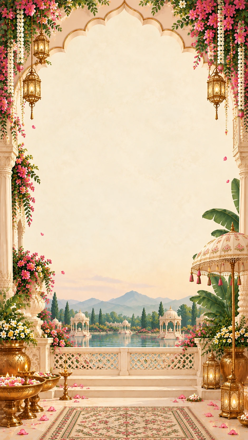 Cream scalloped arch with bougainvillea, hanging gold lanterns and a royal umbrella overlooking a lake with marble pavilions