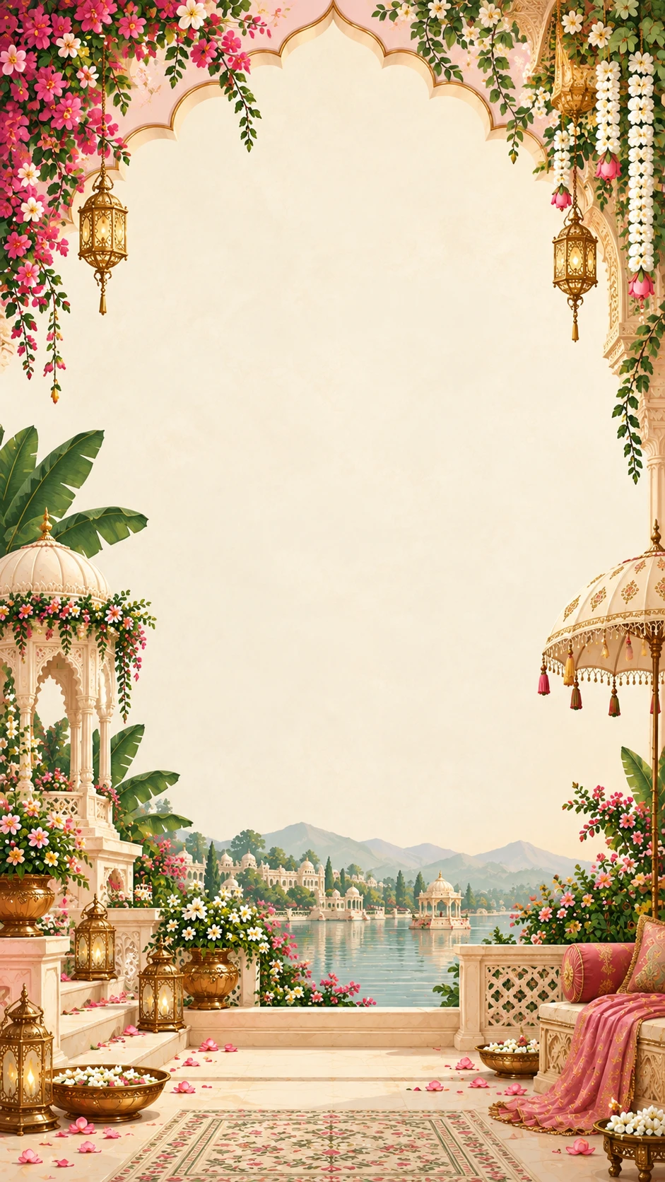 Cream arch with pink bougainvillea, a marble pavilion, gold lanterns and a royal umbrella beside a palace lake