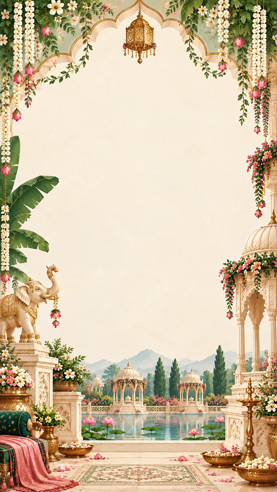 Cream arch with jasmine strings, a hanging gold lantern, a carved white elephant and a marble pavilion beside a lotus pond