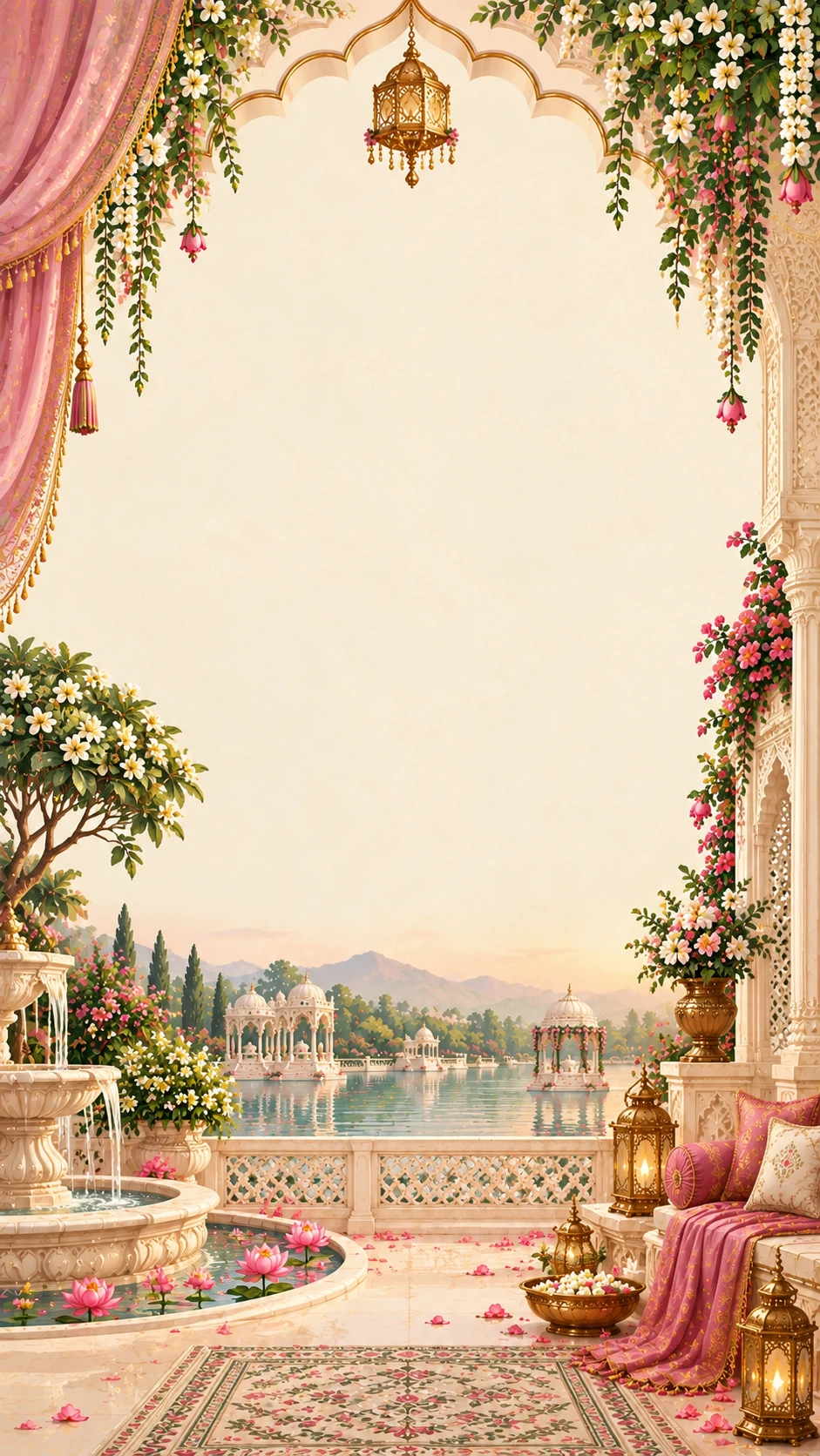 Cream arch with a pink silk drape, a hanging gold lantern, a jasmine tree, a marble fountain with lotuses and a lakeside terrace