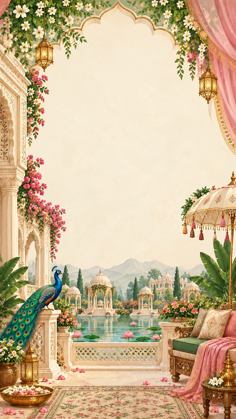 Cream palace balcony with a pink silk drape, a blue peacock on the balustrade, a royal umbrella and a lotus pond with marble pavilions