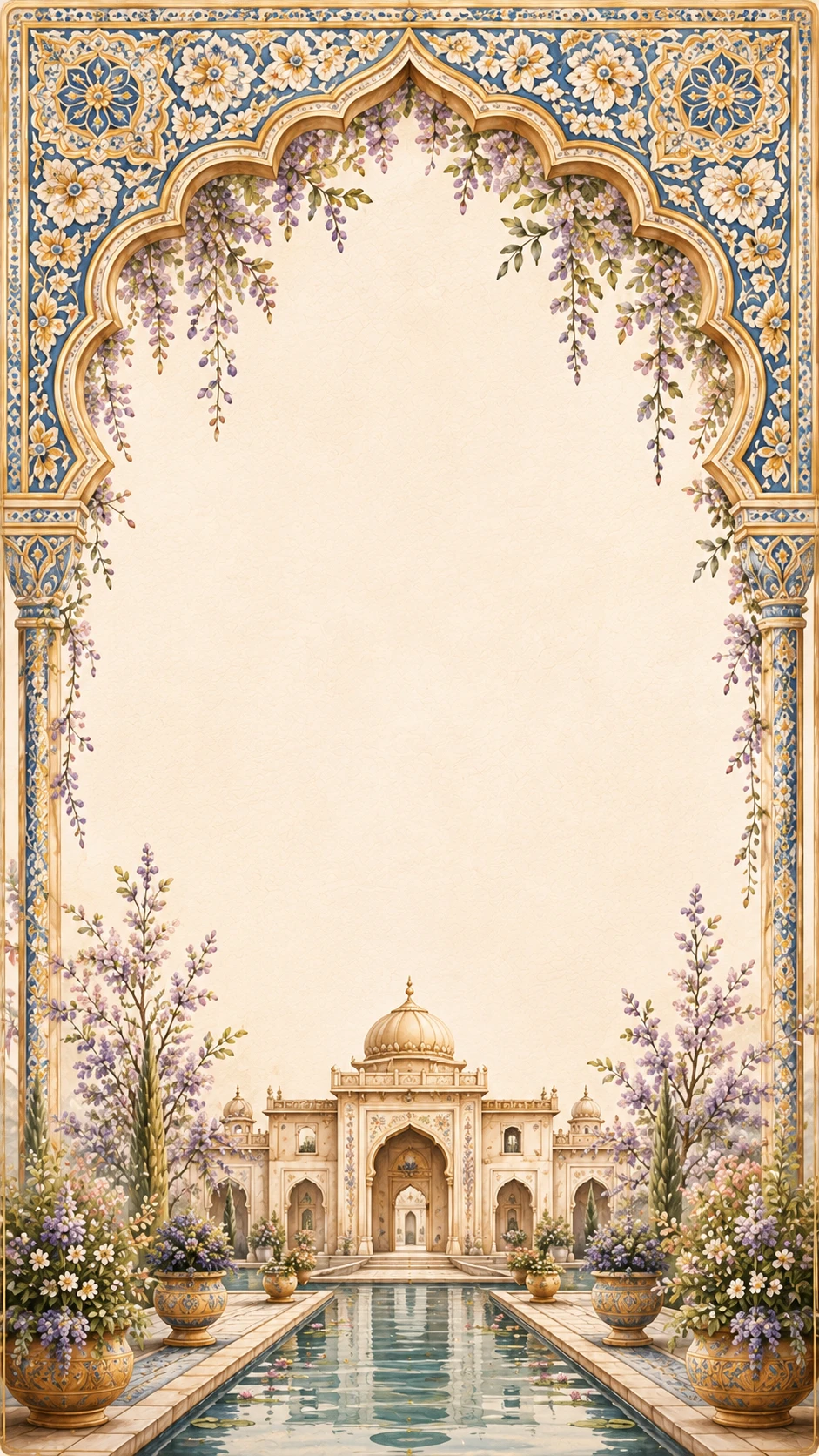Warm watercolour Tuscan villa with terracotta pots and cypress trees