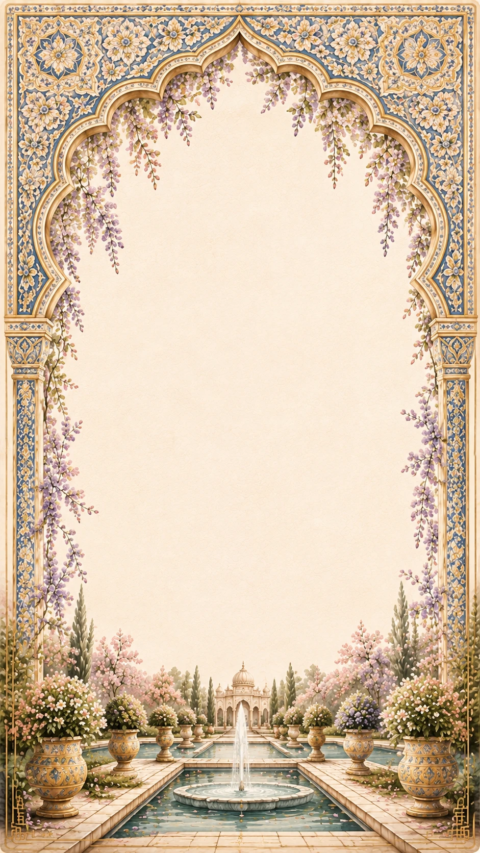 Stone arch draped in blossoms overlooking a villa courtyard