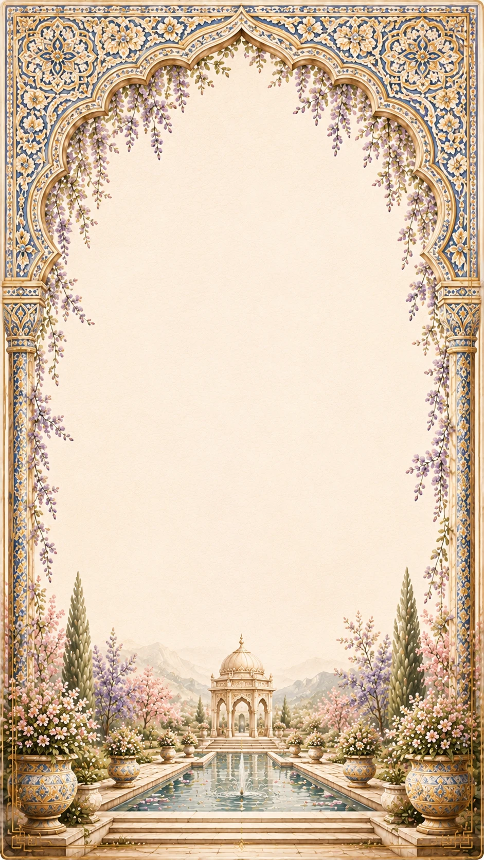 Golden page with an olive tree, terracotta urns and rolling hills