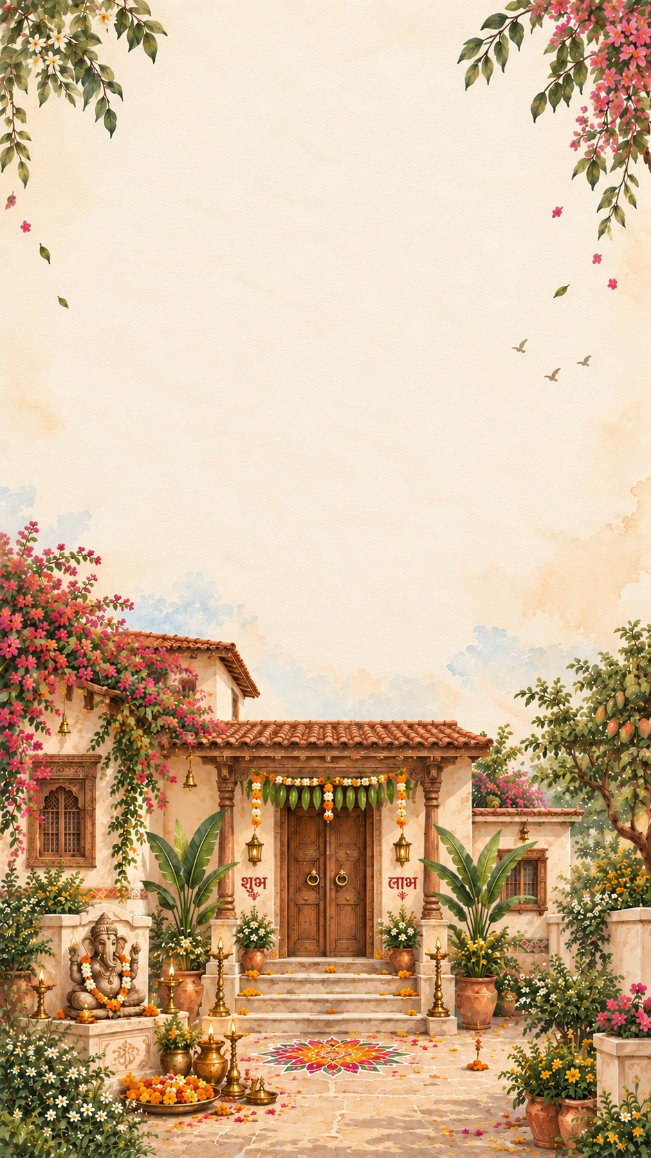 Cream watercolor vastu puja invitation backdrop with a tiled-roof home, carved wooden doors, a garlanded Ganesh statue, brass lamps and a coloured rangoli on the courtyard