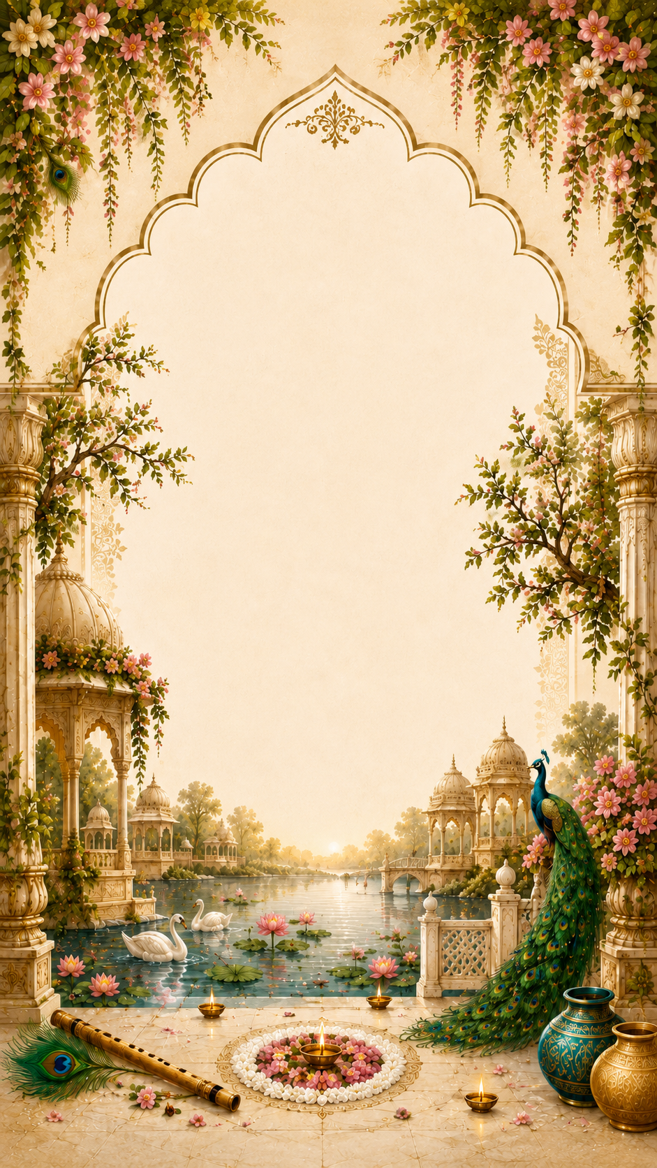 Vrindavan-themed cream archway backdrop with a lotus pond, swans, a peacock and temple pavilion domes