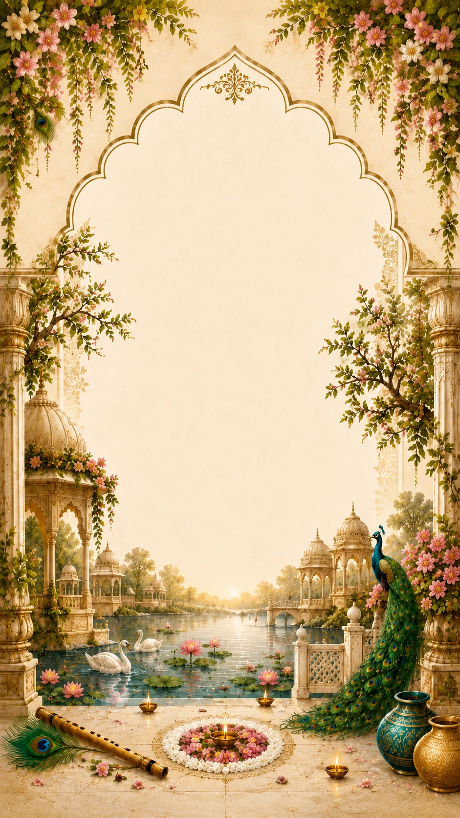 Vrindavan-themed cream archway backdrop with a lotus pond, swans, a peacock and temple pavilion domes