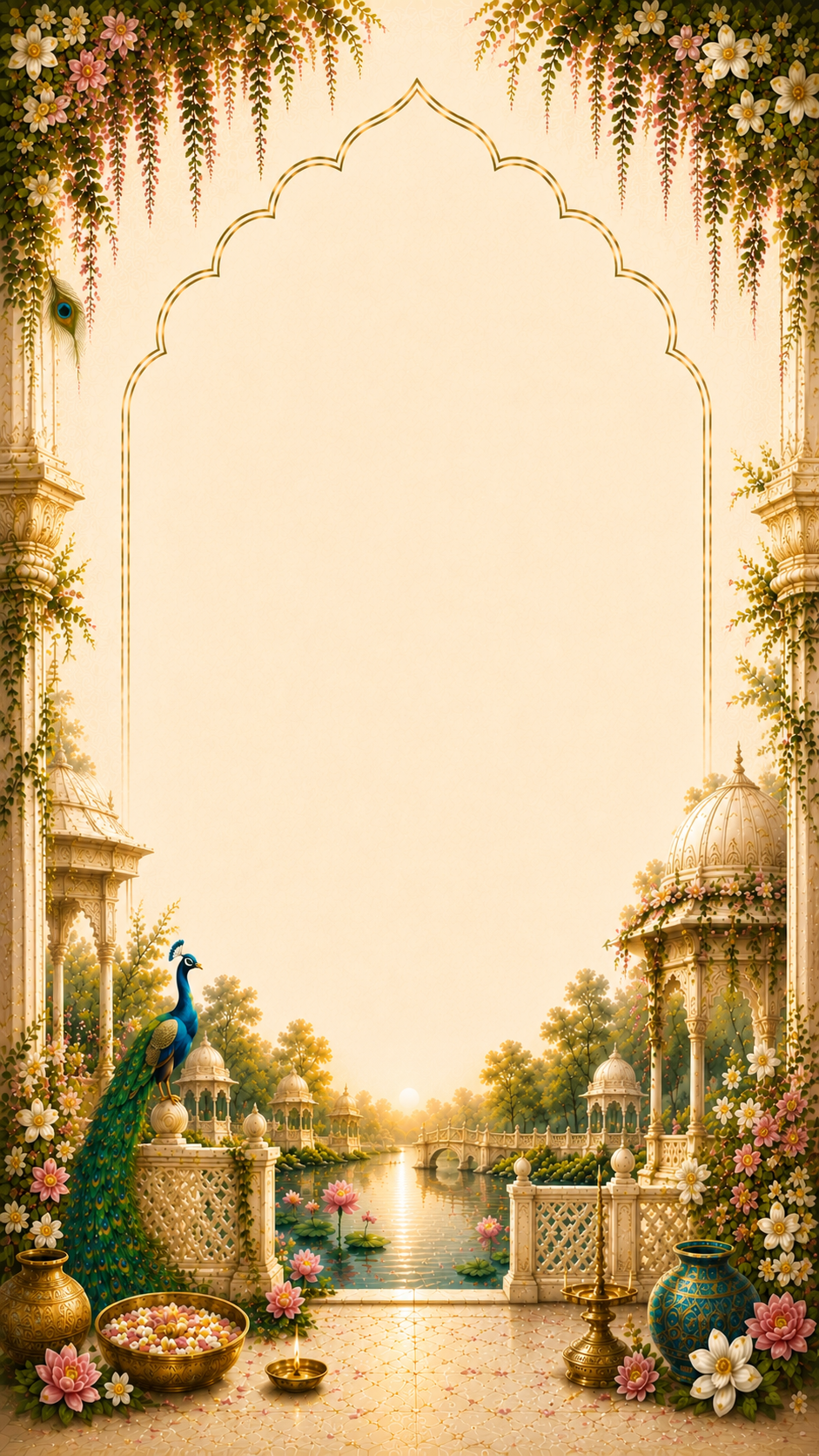 Vrindavan-themed cream archway backdrop with temple pavilion domes, a lotus pond and a peacock