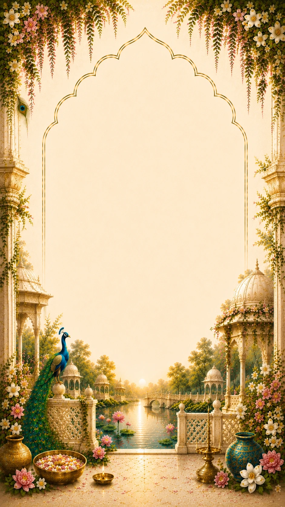 Vrindavan-themed cream archway backdrop with temple pavilion domes, a lotus pond and a peacock