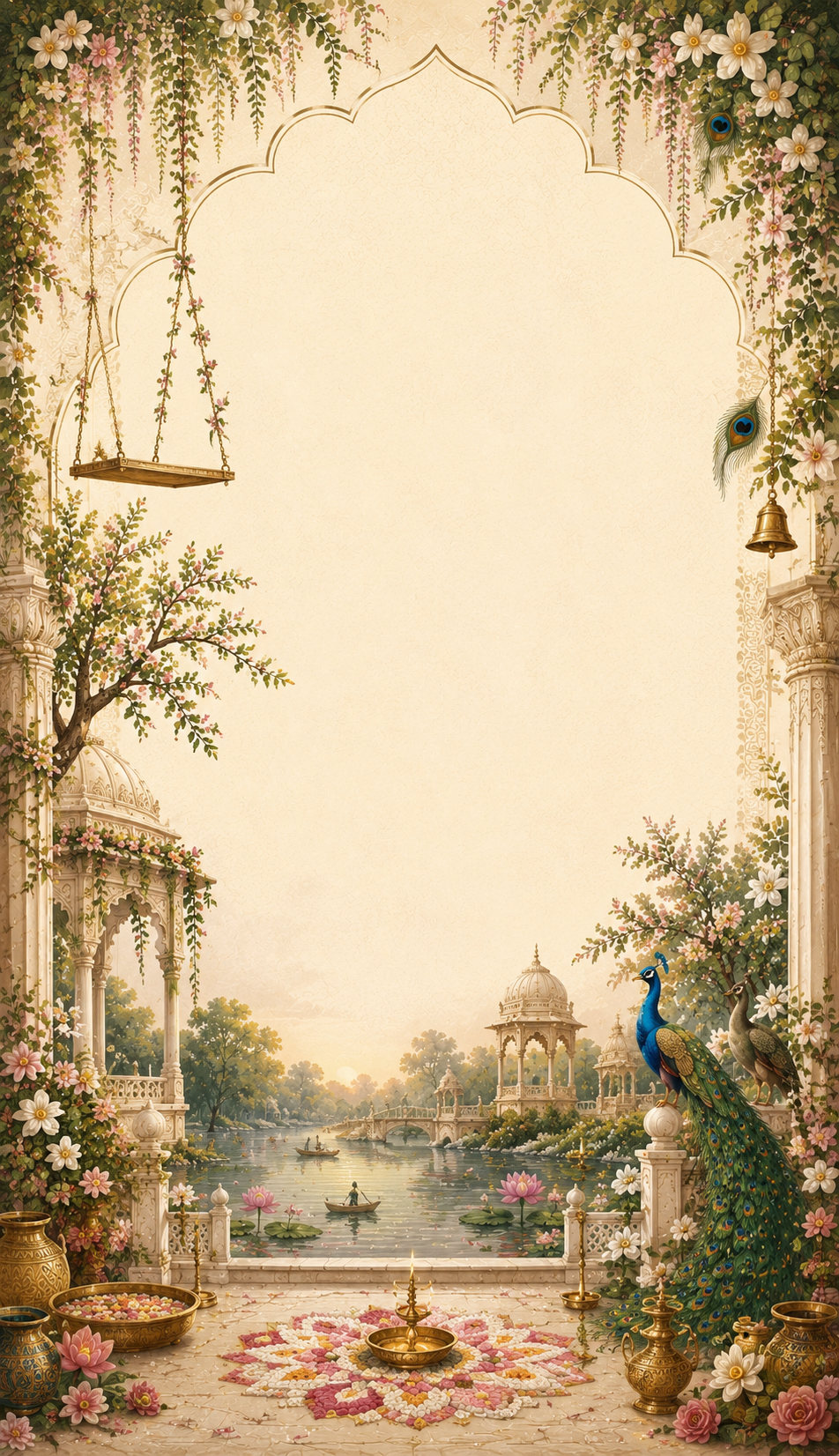 Vrindavan-themed cream archway frame with a golden hanging swing, wisteria vines and a garden pond