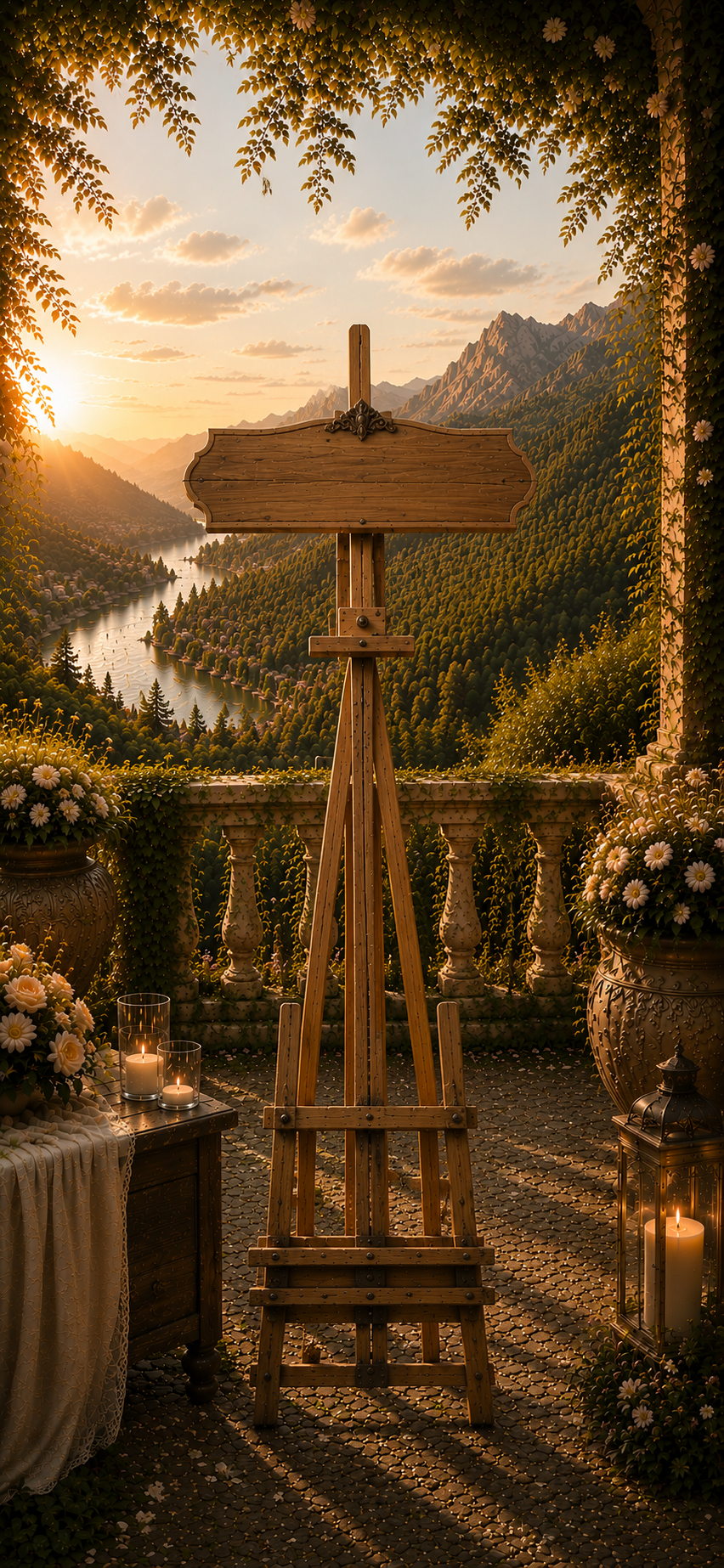 Illustration of a blank wooden welcome sign on an easel with a mountain valley sunset backdrop