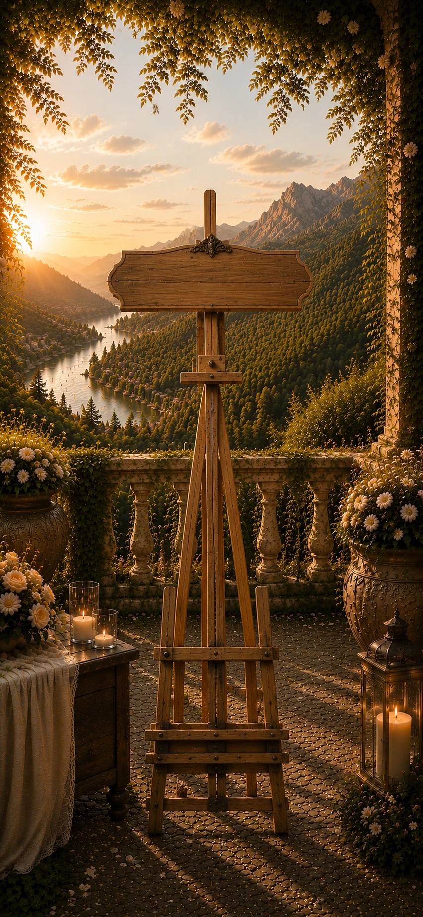 Illustration of a blank wooden welcome sign on an easel with a mountain valley sunset backdrop