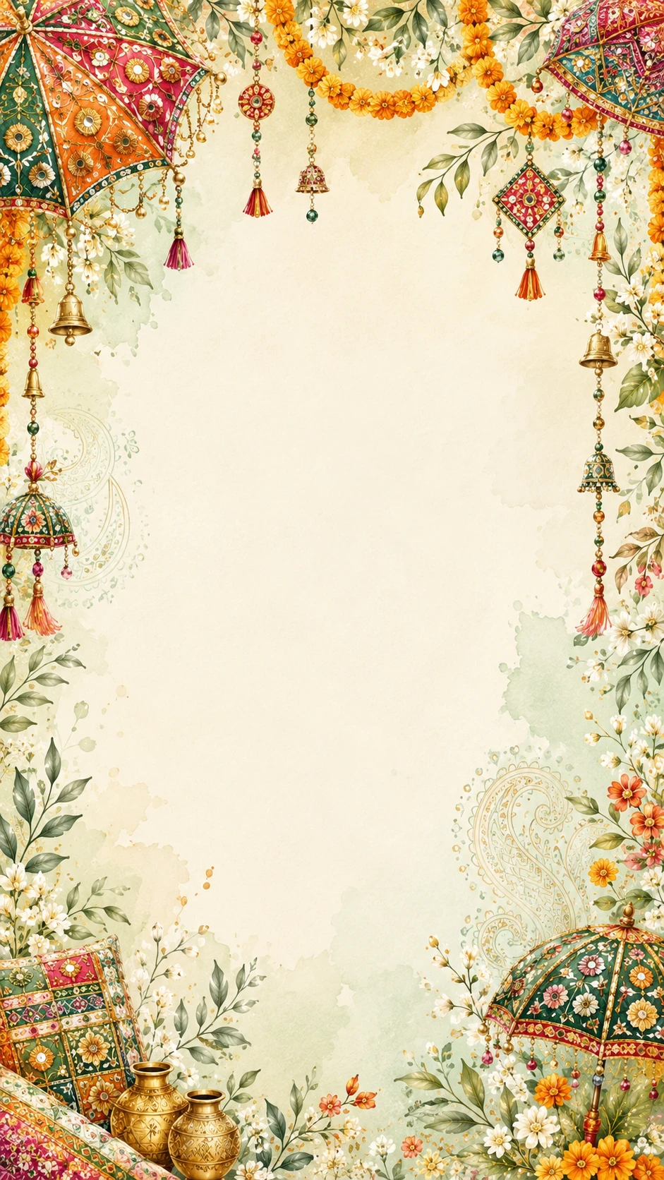 Soft watercolor mehndi invitation backdrop with mirror-work umbrellas, hanging brass bells, marigold garlands, paisleys and jasmine sprigs