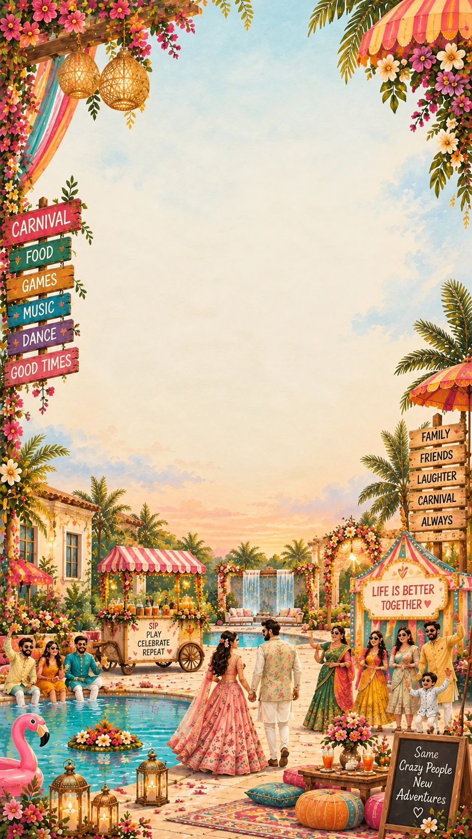 Peach-sky wedding carnival invitation backdrop with pink and gold drapes, wicker lanterns, folk umbrellas, a poolside lounge with a dancing couple, lotus floats and a wooden signboard