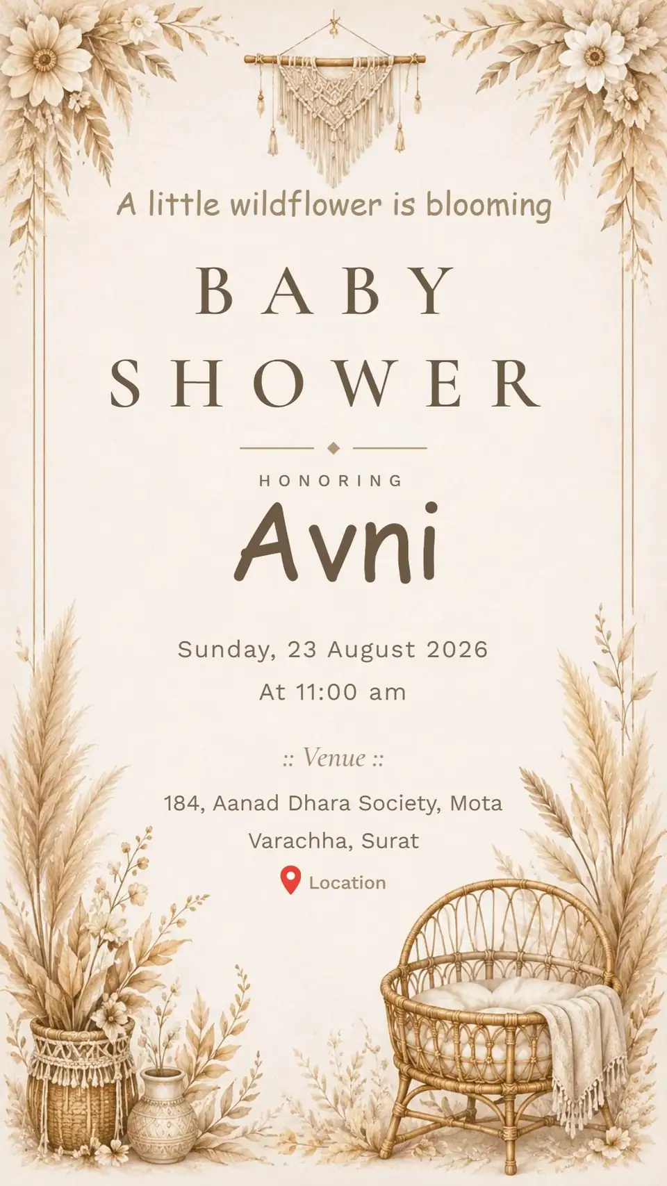 Boho Pampas Baby Shower Invitation — digital invitation card