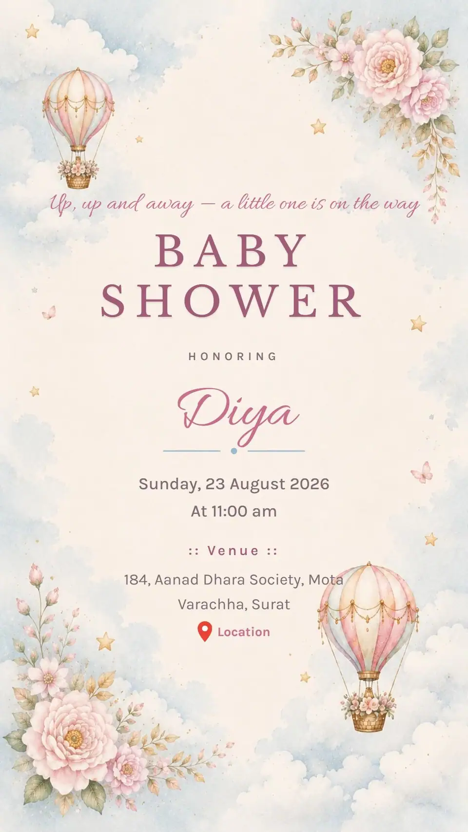 Hot Air Balloon Baby Shower Invitation — digital invitation card