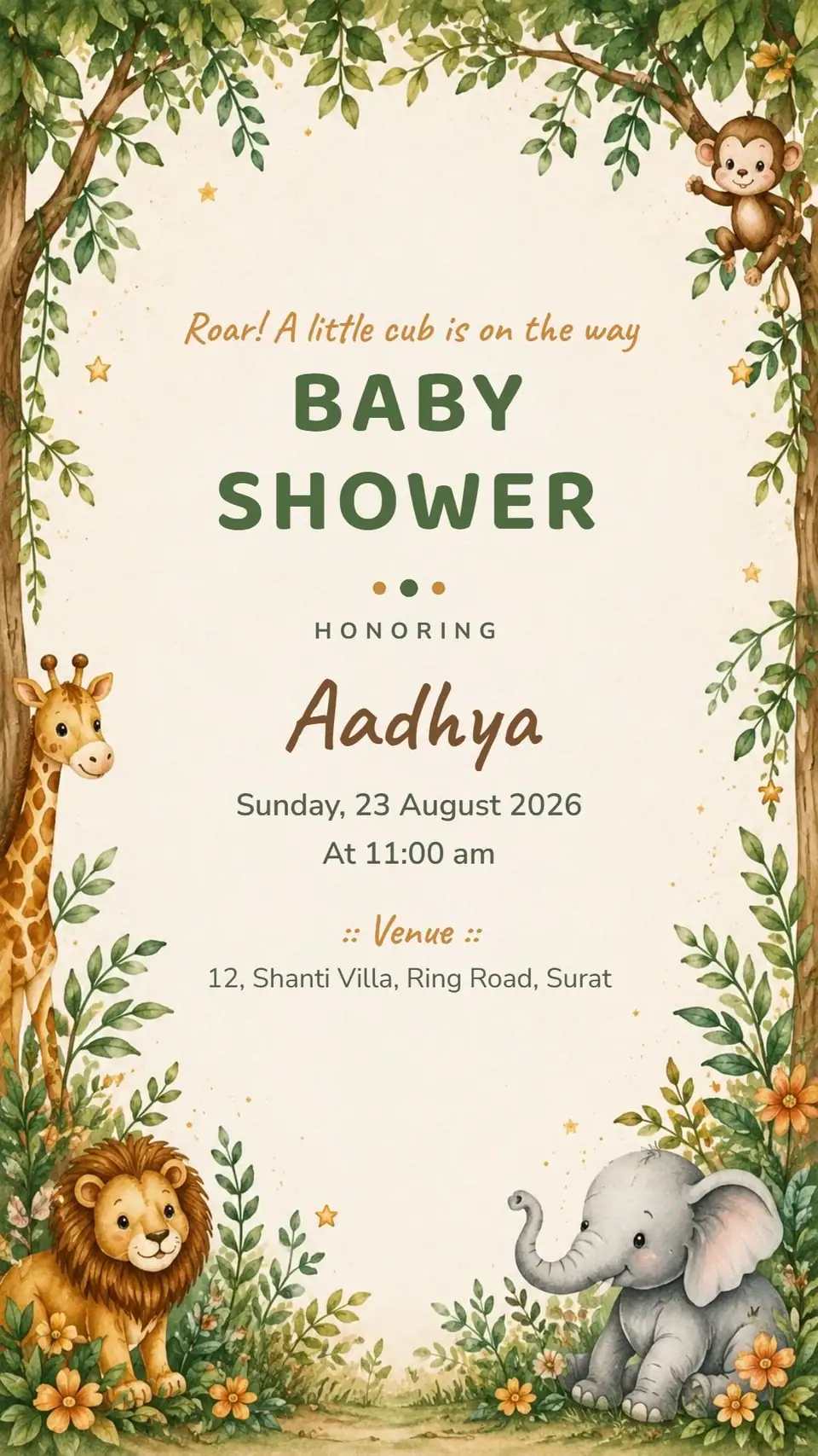 Jungle Safari Baby Shower Invitation — digital invitation card