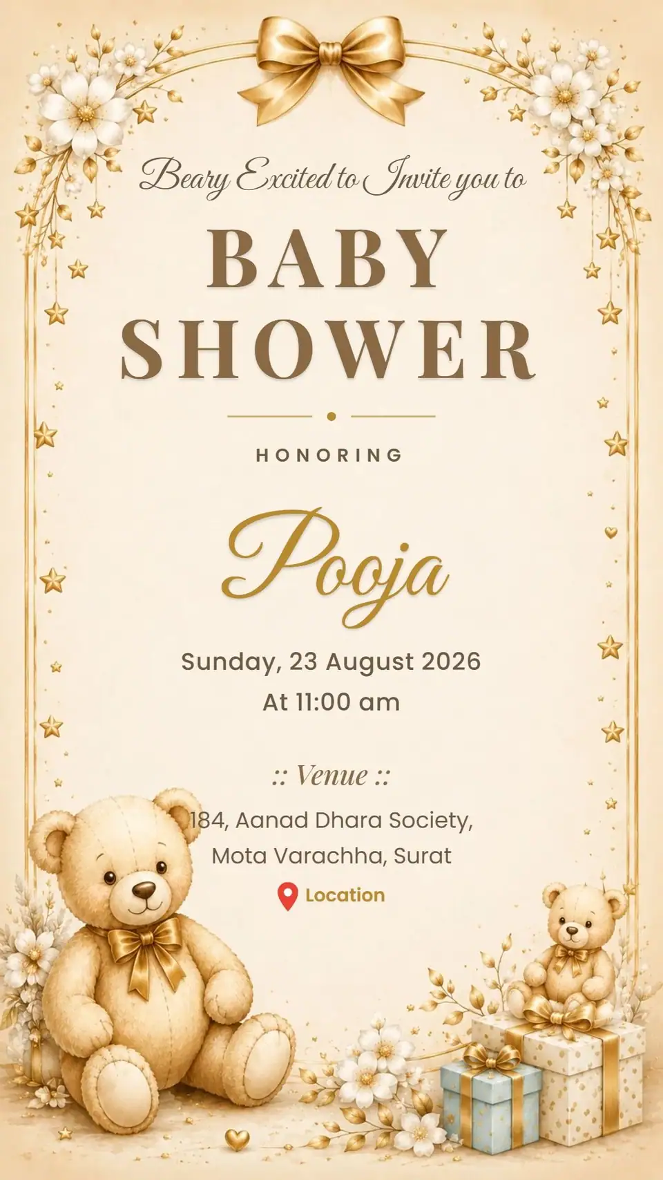 Teddy Bear Gold Baby Shower Invitation — digital invitation card