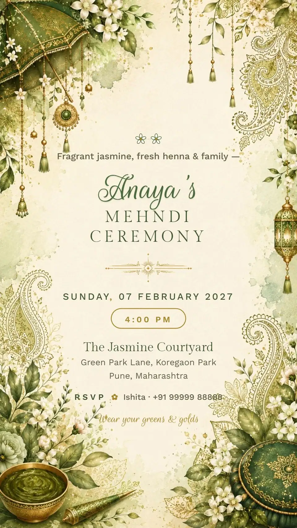 Jasmine Green Mehndi Invitation — digital invitation card