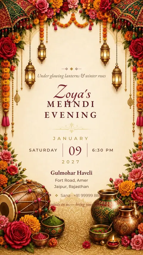Lantern Rose Mehndi Invitation — mehndi invitation card