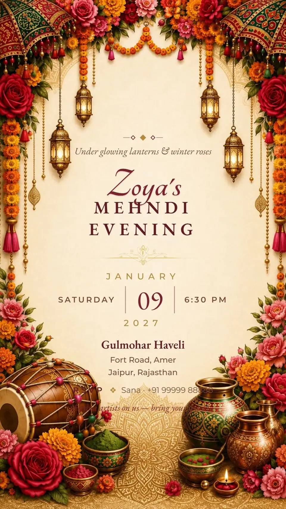 Lantern Rose Mehndi Invitation — digital invitation card