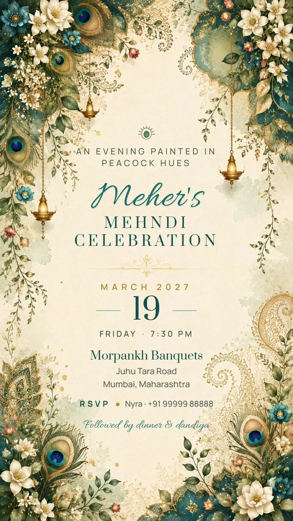Peacock Teal Mehndi Invitation — digital invitation card
