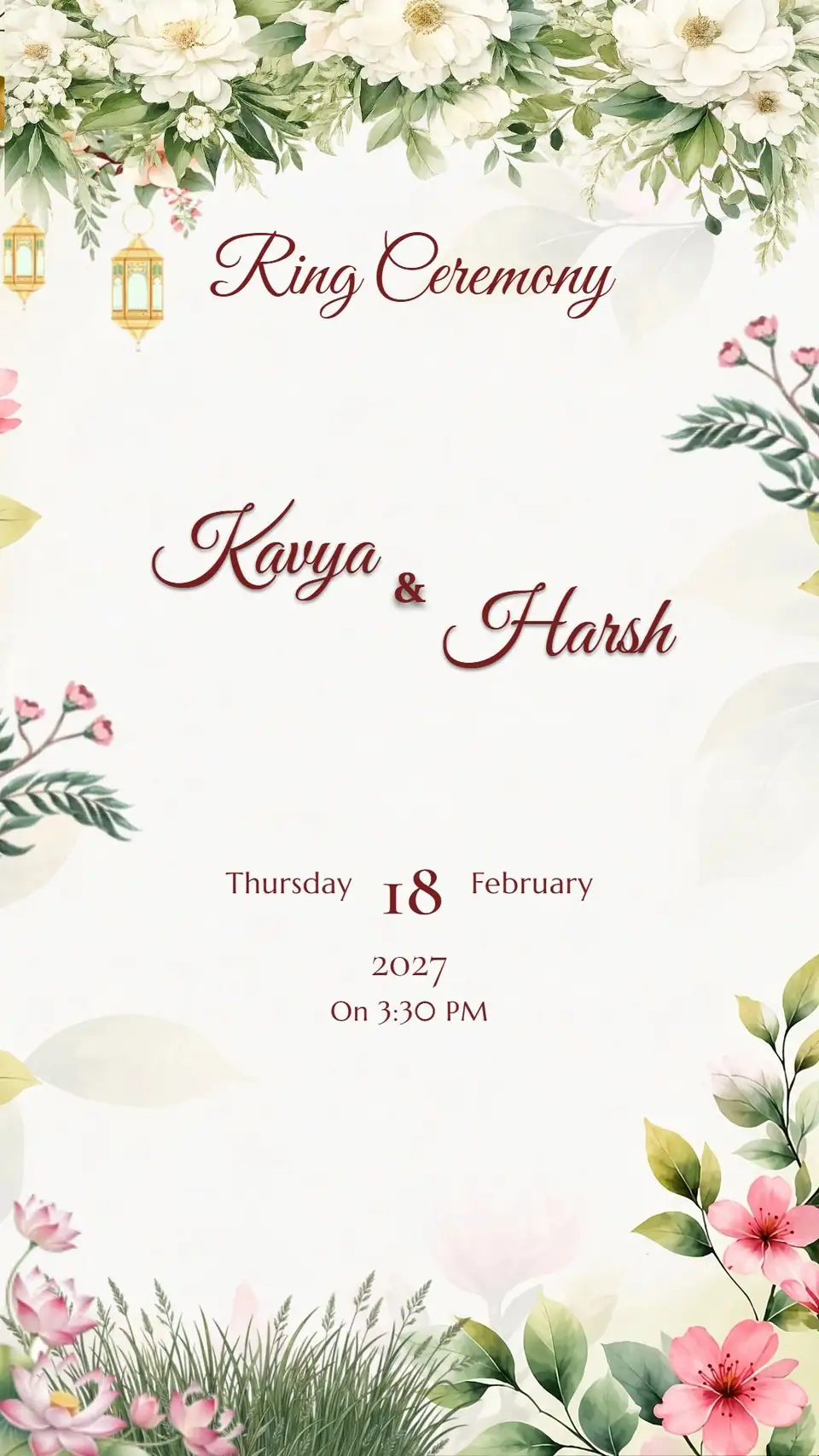 White Floral Engagement Invitation — digital invitation card