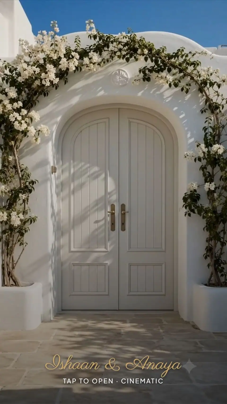 Santorini White Gate — Cinematic Invitation — digital invitation card