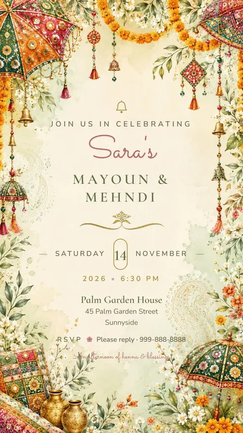 Watercolor Bells Mehndi Invitation — mehndi invitation card